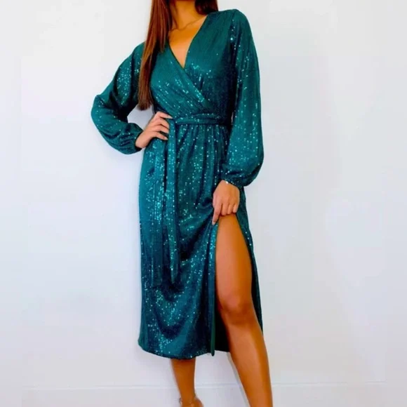 Missguided Dresses Misguided Green Sequin Wrap Dress Poshmark